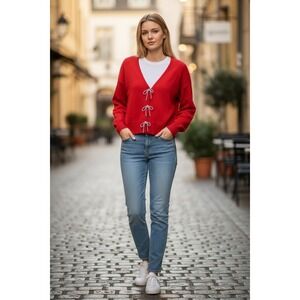 Crown and Ivy Red Rhinestone Bow Cardigan Sweater Women PM